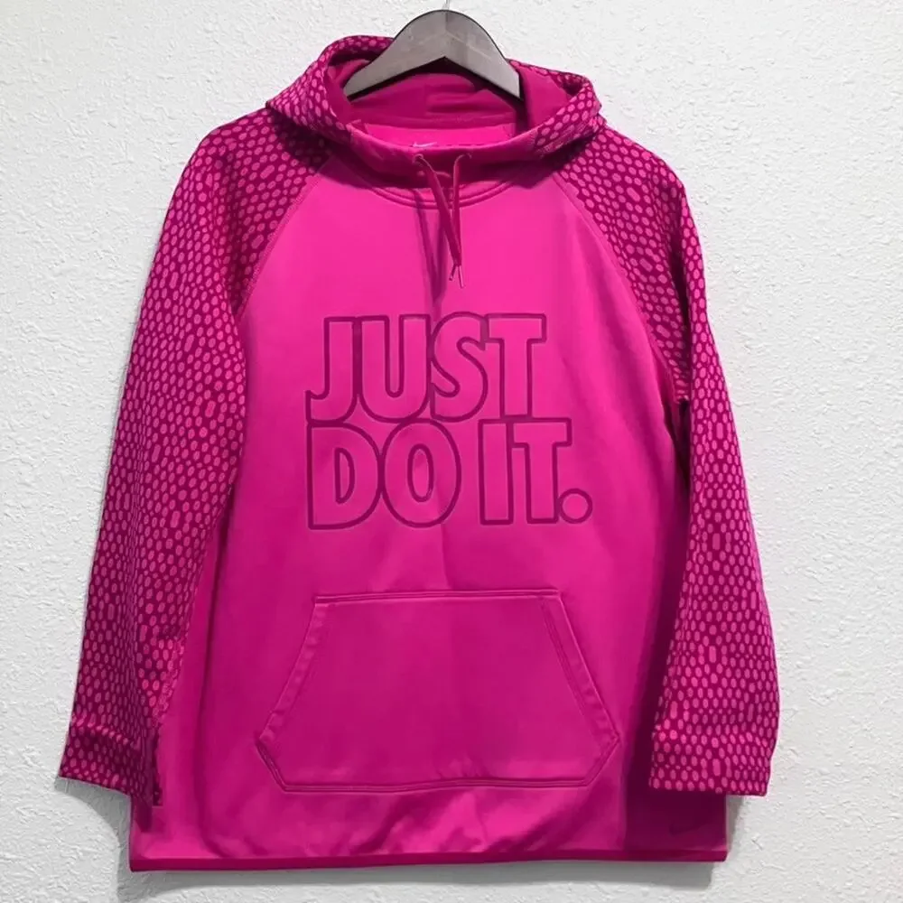 Nike Therma Fit Hoodie Pink Just Do It Pullover Pocket Drawstring Womens Sz L
